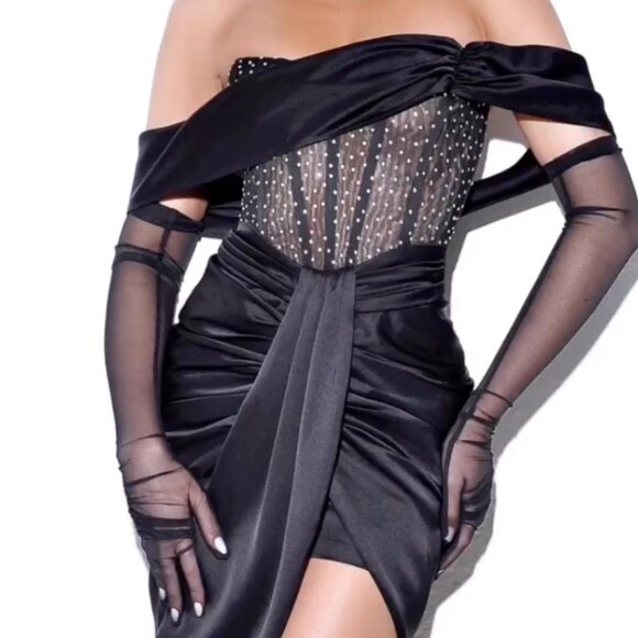 BLACK RHINESTONE MINI DRESS (MISS CIRCLE) - Picture 1 of 5